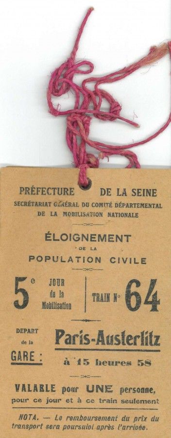 Ticket d'éloignement de la population civile, 1939. Archives municipales de Fontenay-sous-Bois (Fonds A. Hanse).
