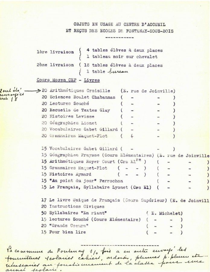 Liste d'objets envoyés par les écoles de Fontenay-sous-Bois, sans date. Archives municipales de Fontenay-sous-Bois