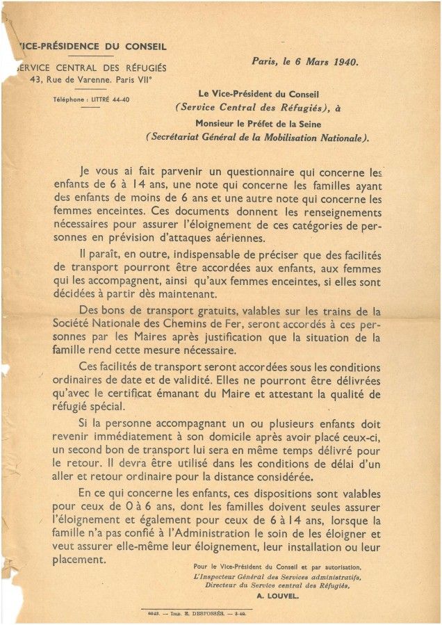 Affiche émanant du service central des réfugiés pour l'éloignement des enfants, mars 1940. Archives municipales de Fontenay-sous-Bois.