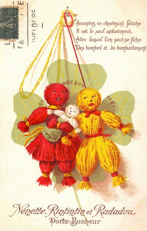 Carte postale représentant Nénette, Rintintin et Radadou. 
