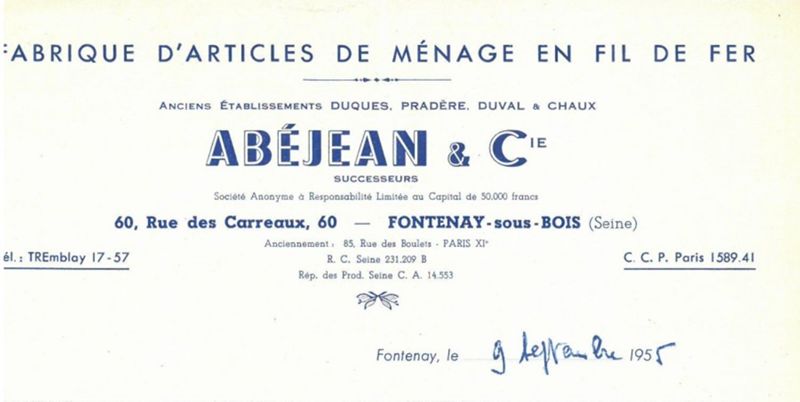 Fabrique d'articles de ménage "Abéjean & Cie", 60 rue des Carreaux, 1955