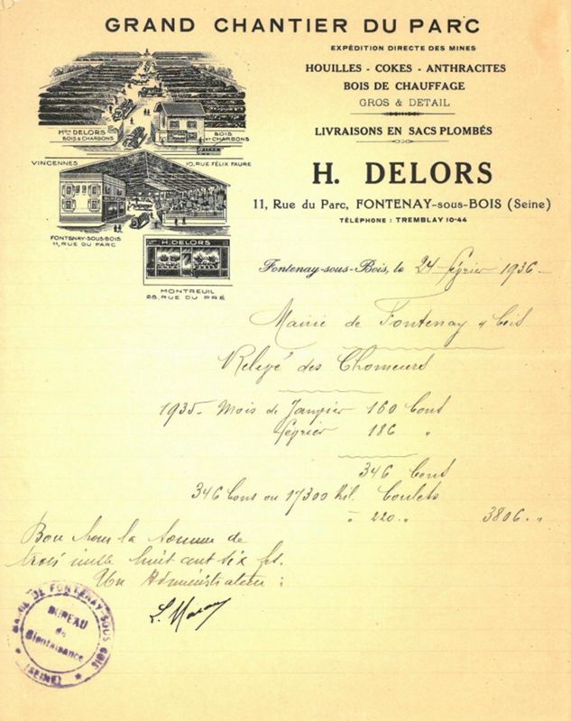 Facture à entête de l'entreprise H. Delors,11 rue du Parc, 1936